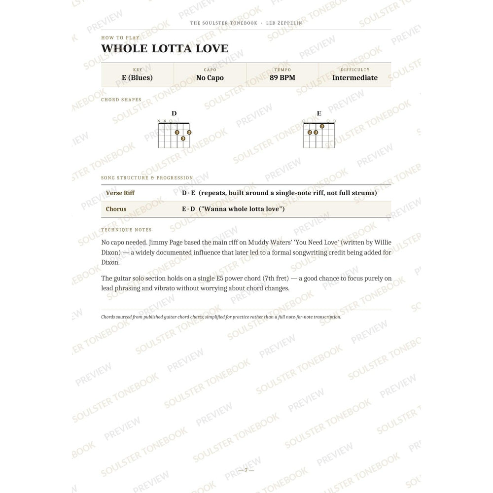 How-to-play page for 'Whole Lotta Love' by Led Zeppelin, showing the key, capo, tempo and difficulty, printed chord-shape diagrams, a song-structure and chord-progression breakdown and technique notes — chord charts only, no lyrics or notation. A faint diagonal 'Soulster Tonebook · Preview' watermark repeats across the page.