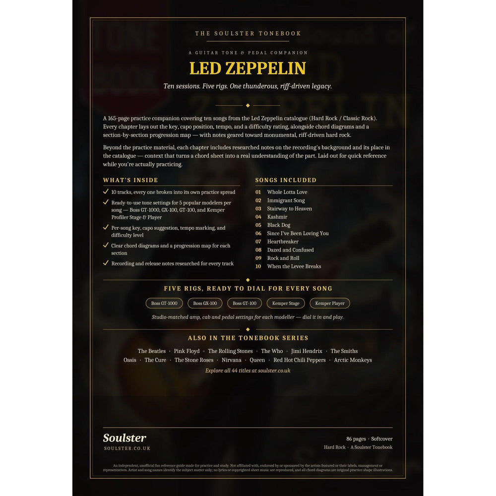 Back cover of the Led Zeppelin Soulster Tonebook — a dark, gold-trimmed design with the title and tagline, a 'what's inside' list, the full 10-song track list, the five modeller rigs and other titles in the Soulster Tonebook series.