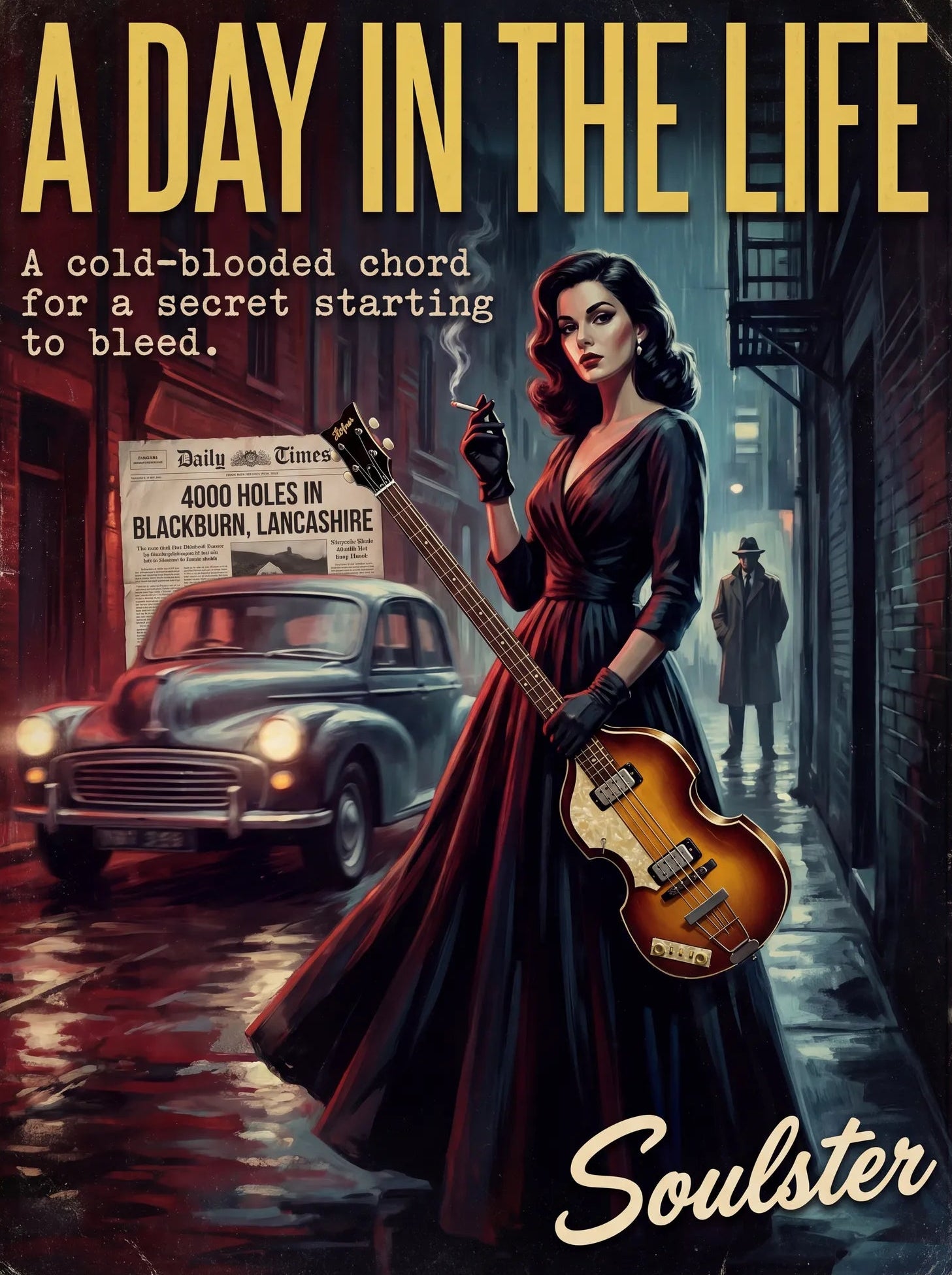 Soulster cinematic vintage pulp book cover art print illustration styled in a classic 1950s design layout inspired by A Day In The Life.