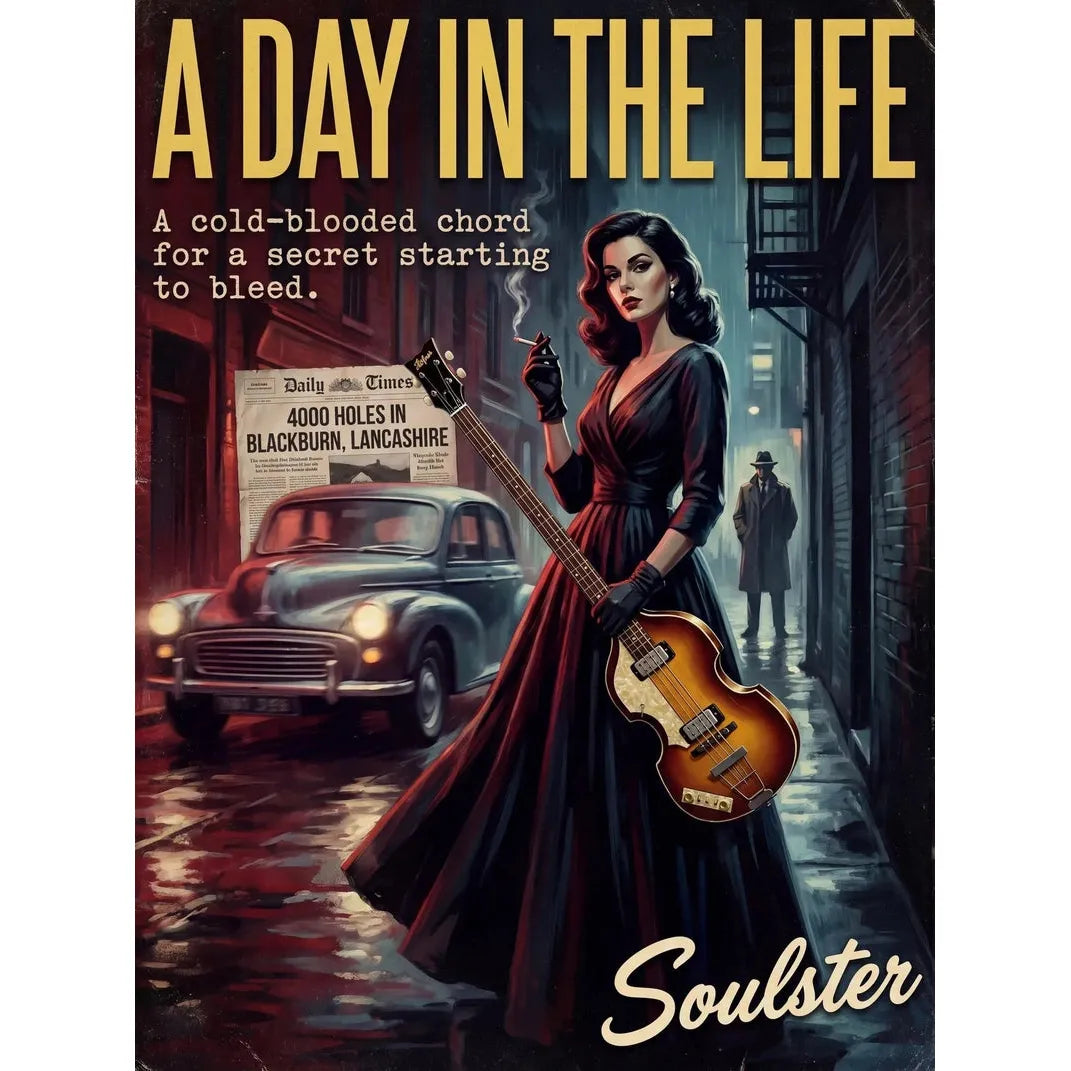 Soulster cinematic vintage pulp book cover art print illustration styled in a classic 1950s design layout inspired by A Day In The Life.