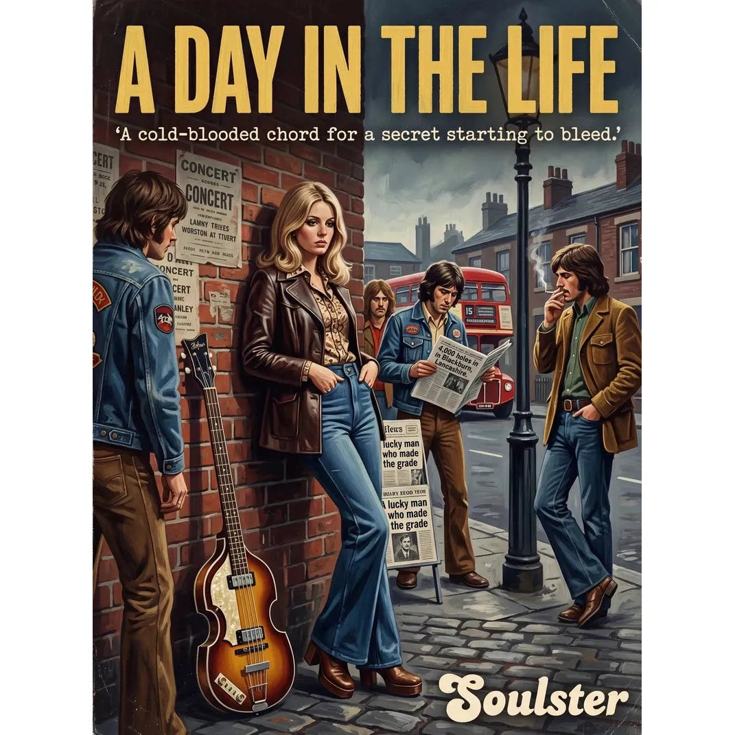 Soulster cinematic vintage pulp book cover art print illustration styled in a classic 1970s design layout inspired by A Day In The Life.