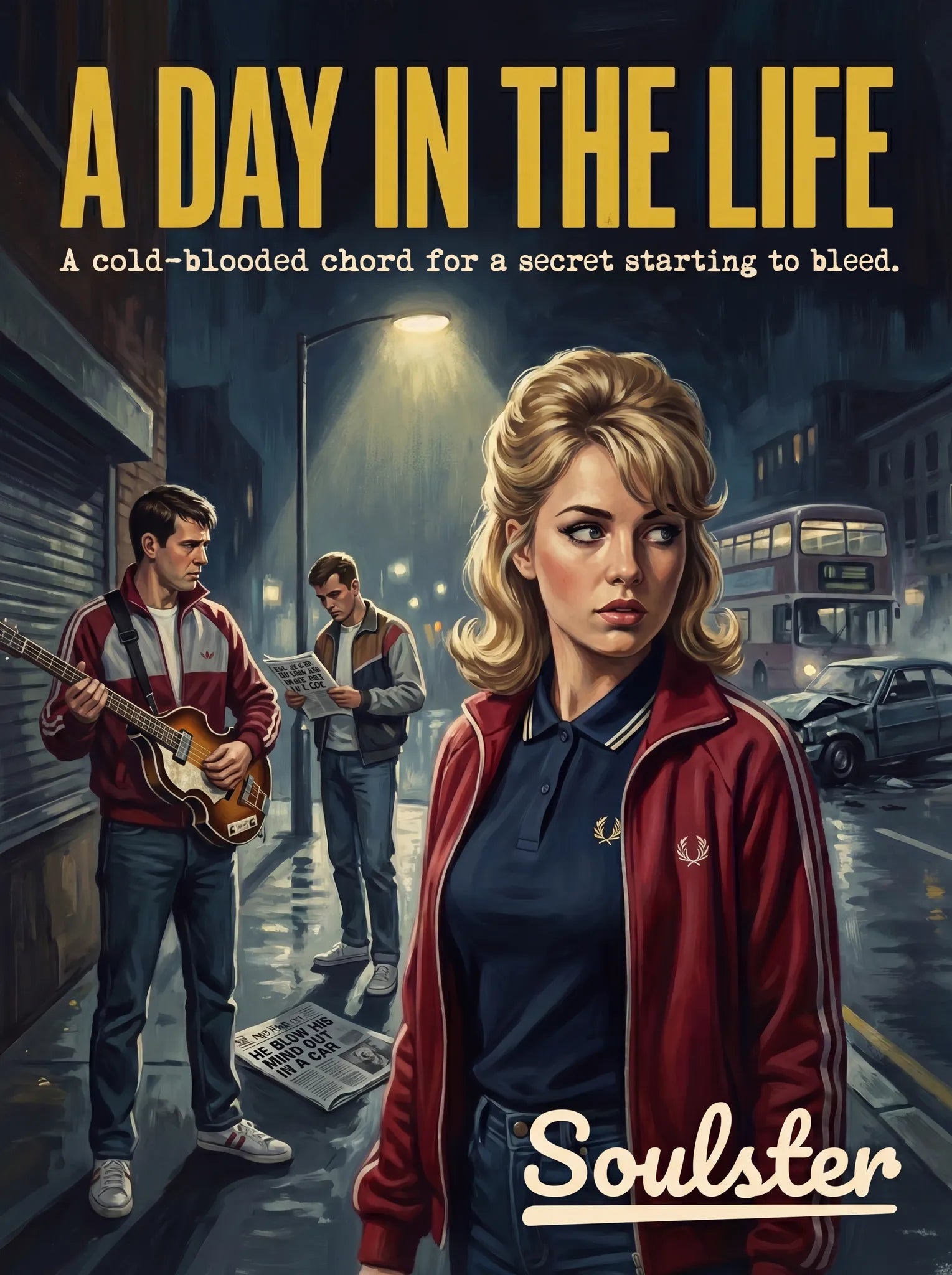 Soulster retro pulp thriller book cover style art print illustration inspired by The Beatles - A Day In The Life.