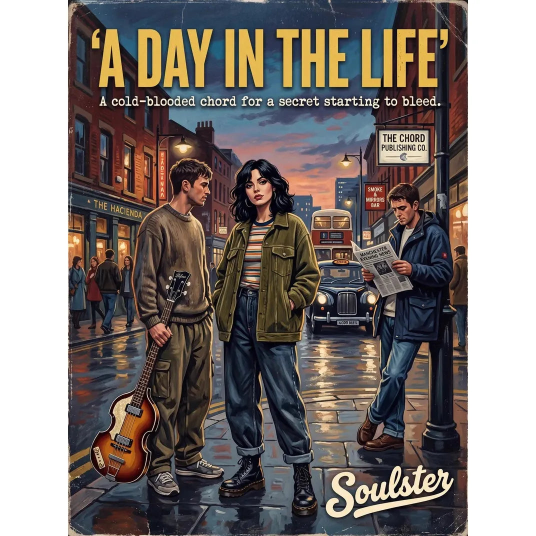 Soulster cinematic vintage pulp book cover art print illustration styled in a classic 1990s design layout inspired by A Day In The Life.