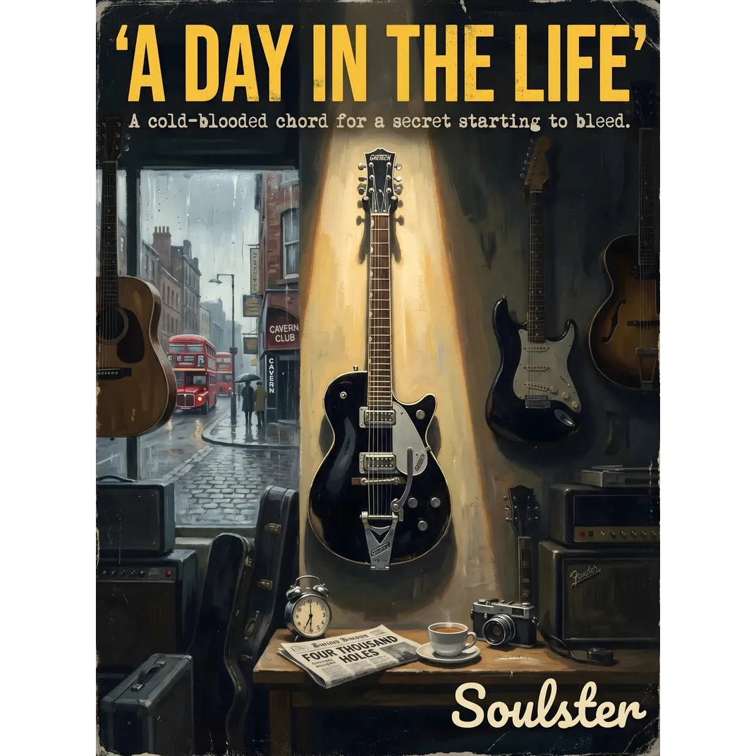Soulster Manchester Edition wall art print showing a cinematic pulp style design of a Vintage Guitar inspired by A Day In The Life - Liverpool.