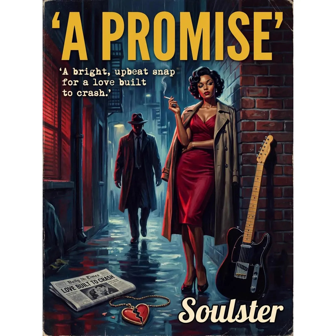 Soulster cinematic vintage pulp book cover art print illustration styled in a classic 1950s design layout inspired by A Promise.