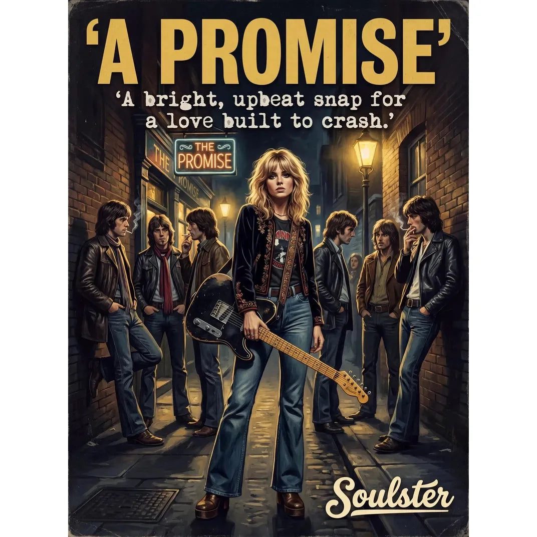 Soulster cinematic vintage pulp book cover art print illustration styled in a classic 1970s design layout inspired by A Promise.
