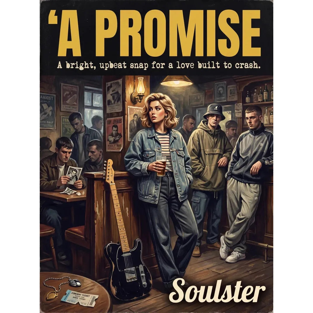 Soulster cinematic vintage pulp book cover art print illustration styled in a classic 1990s design layout inspired by A Promise.
