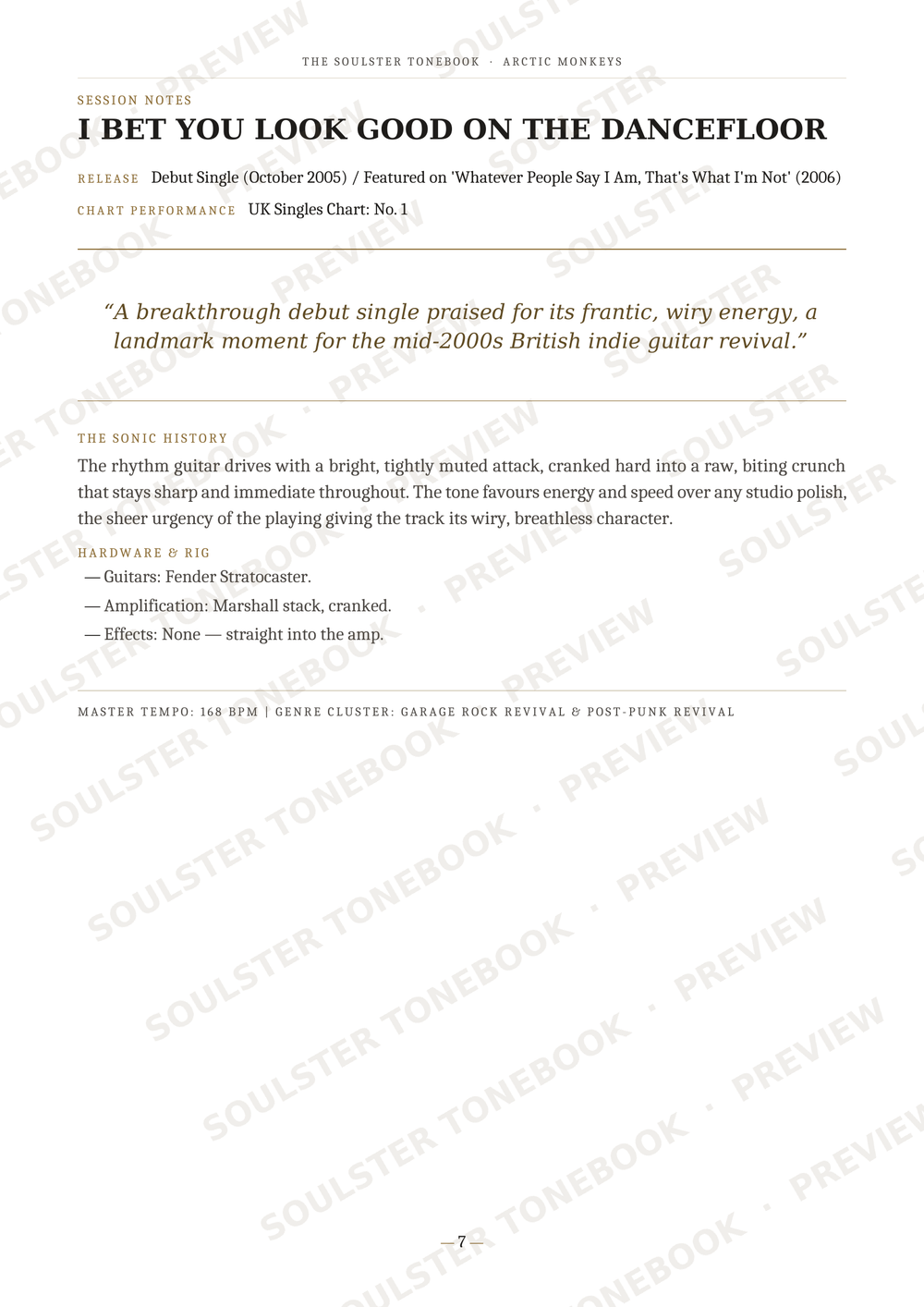 A single-page music book cover or liner note page for the band The Melody Tomebo, featuring the track title 'I BET YOU LOOK GOOD ON THE DANCEFLOOR' with release details, a quote, music history, and track listing text on a white background with diagonal watermark text.
