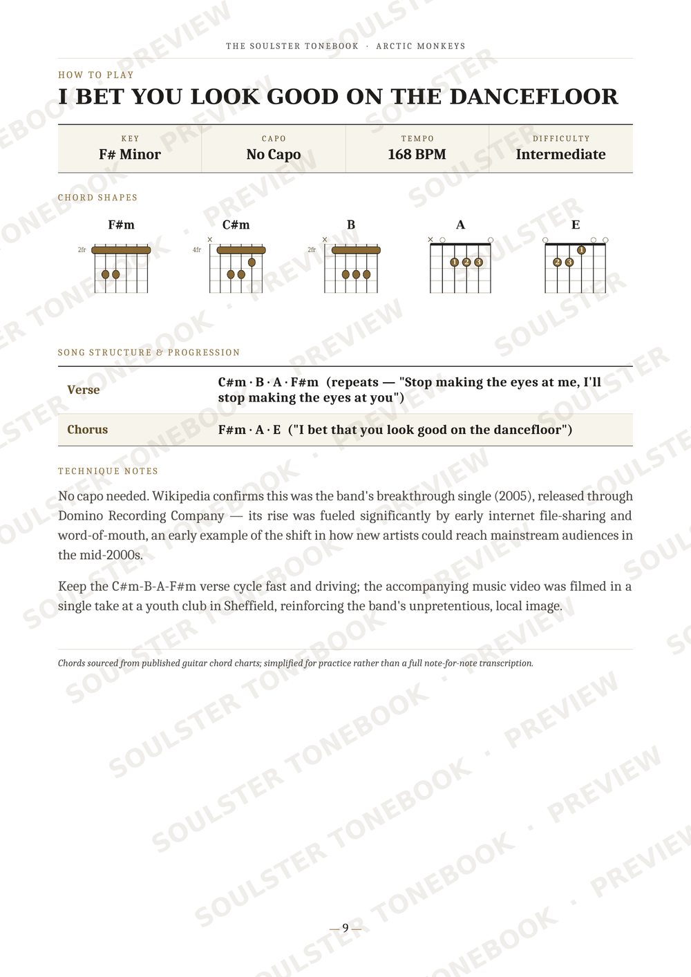 A printed sheet music page for the song 'I Bet You Look Good on the Dancefloor' by The Monster from Arctic Monkeys. The page includes the song title, artist, key (F minor), tempo (168 BPM), difficulty (intermediate), chord diagrams for Fm, Cm, B, A, and E chords, a verse and chorus section, and a brief history note.