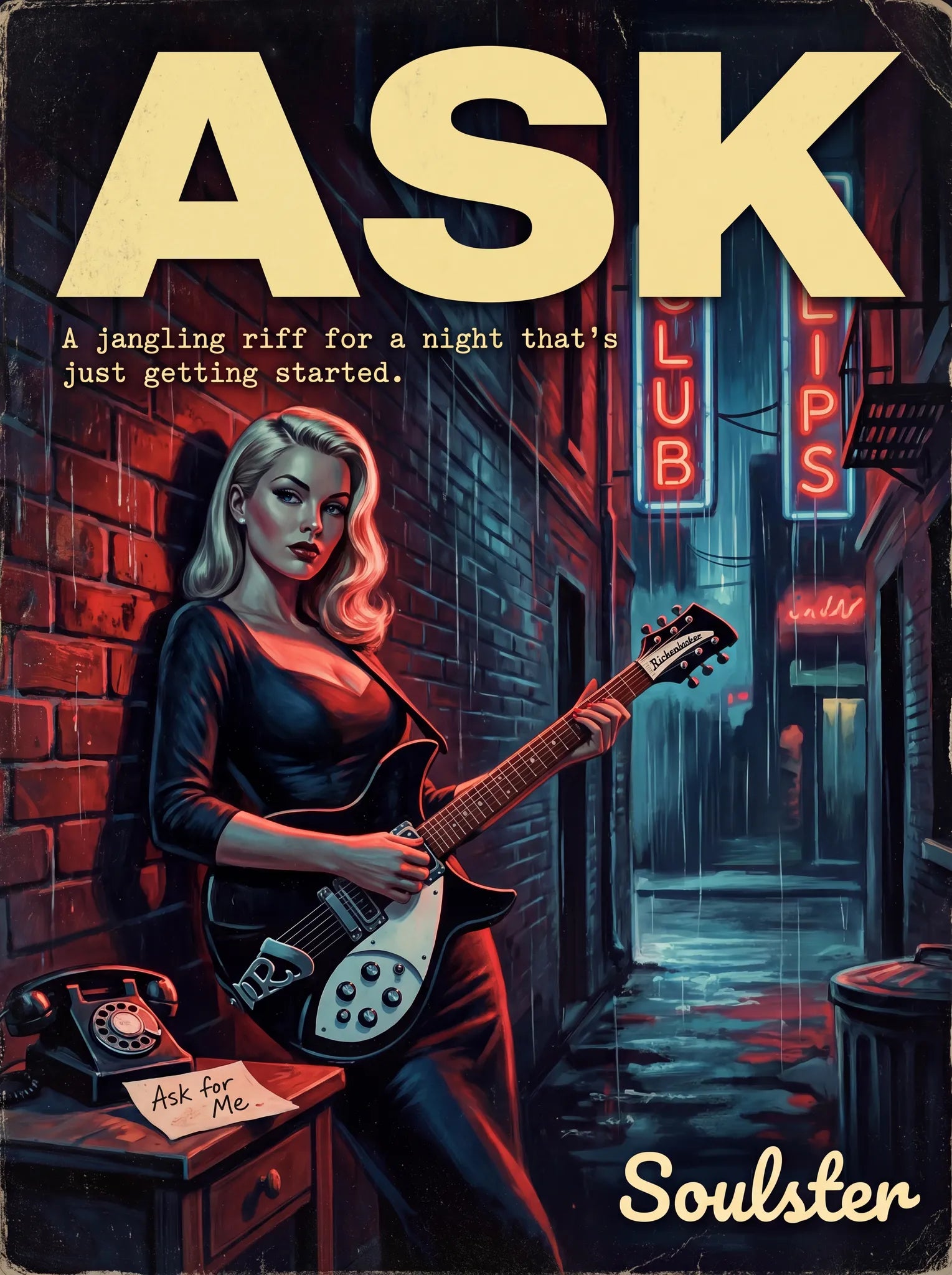Soulster cinematic vintage pulp book cover art print illustration styled in a classic 1950s design layout inspired by Ask.