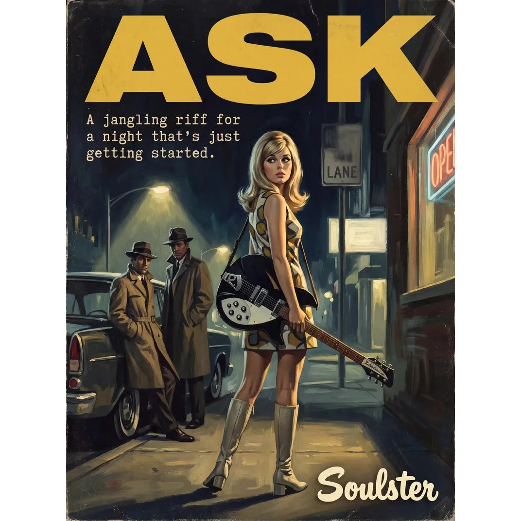 Soulster cinematic vintage pulp book cover art print illustration styled in a classic 1960s design layout inspired by Ask.