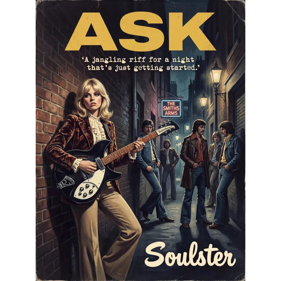 Soulster cinematic vintage pulp book cover art print illustration styled in a classic 1970s design layout inspired by Ask.