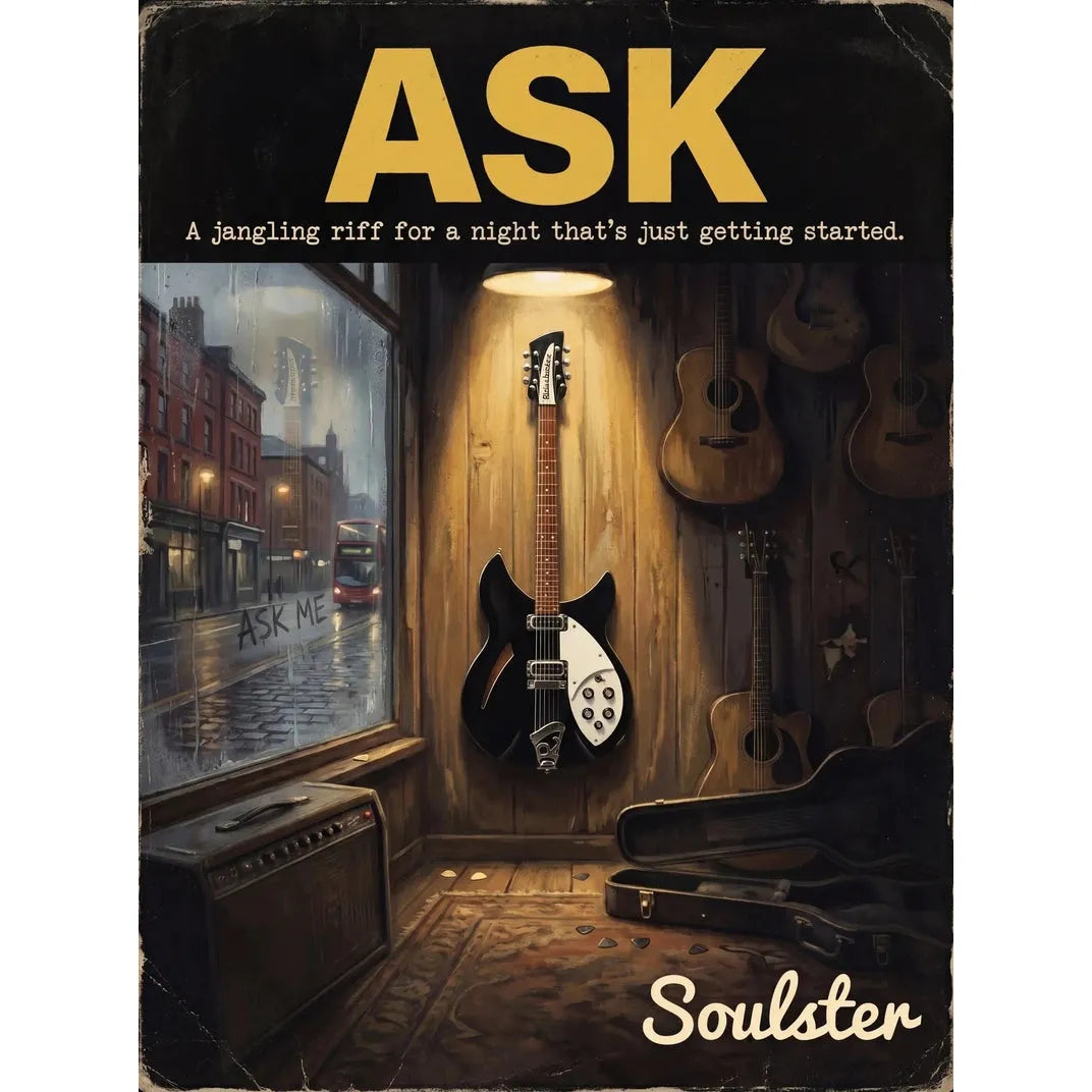 Soulster Manchester Edition wall art print showing a cinematic pulp style design of a Rickenbacker 330 inspired by Ask.