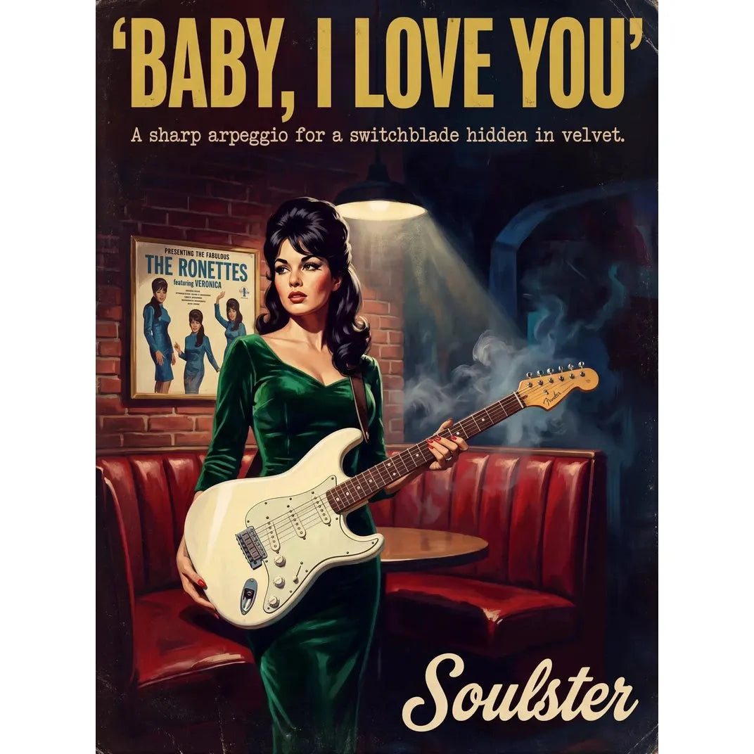 Soulster cinematic vintage pulp book cover art print illustration styled in a classic 1950s theme inspired by Baby, I Love You.