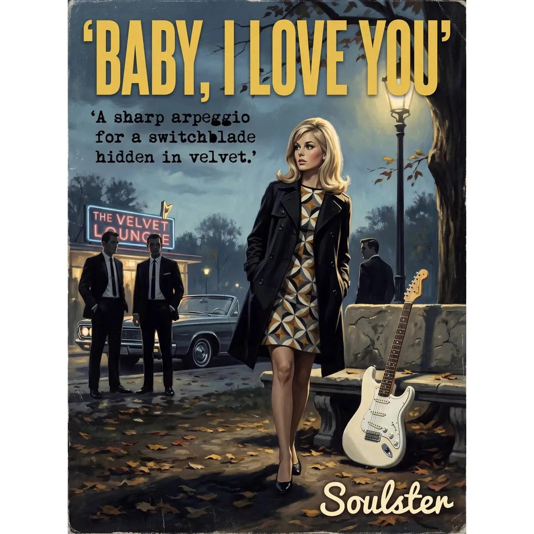 Soulster cinematic vintage pulp book cover art print illustration styled in a classic 1960s theme inspired by Baby, I Love You.