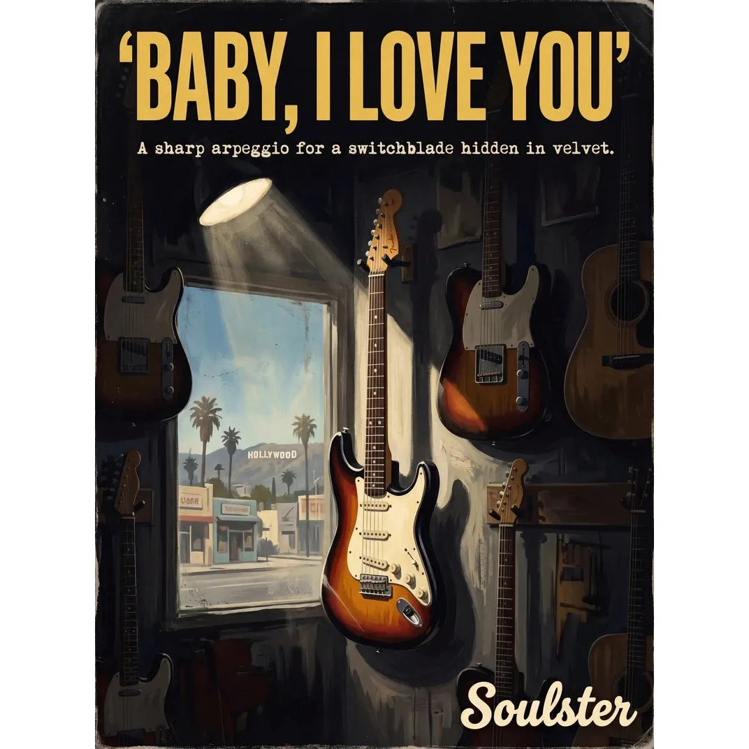 Soulster Manchester Edition wall art print showing a cinematic pulp style design of a Vintage Guitar inspired by Baby, I Love You - Los Angeles.