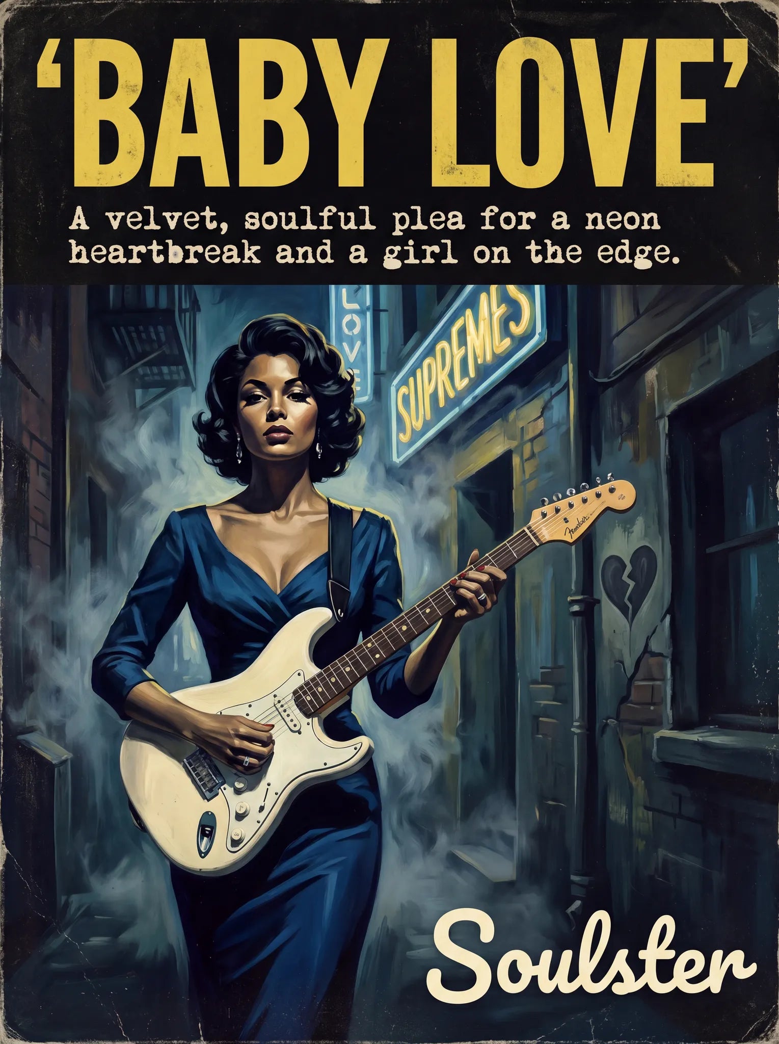 Soulster cinematic vintage pulp book cover art print illustration styled in a classic 1950s theme inspired by Baby Love.