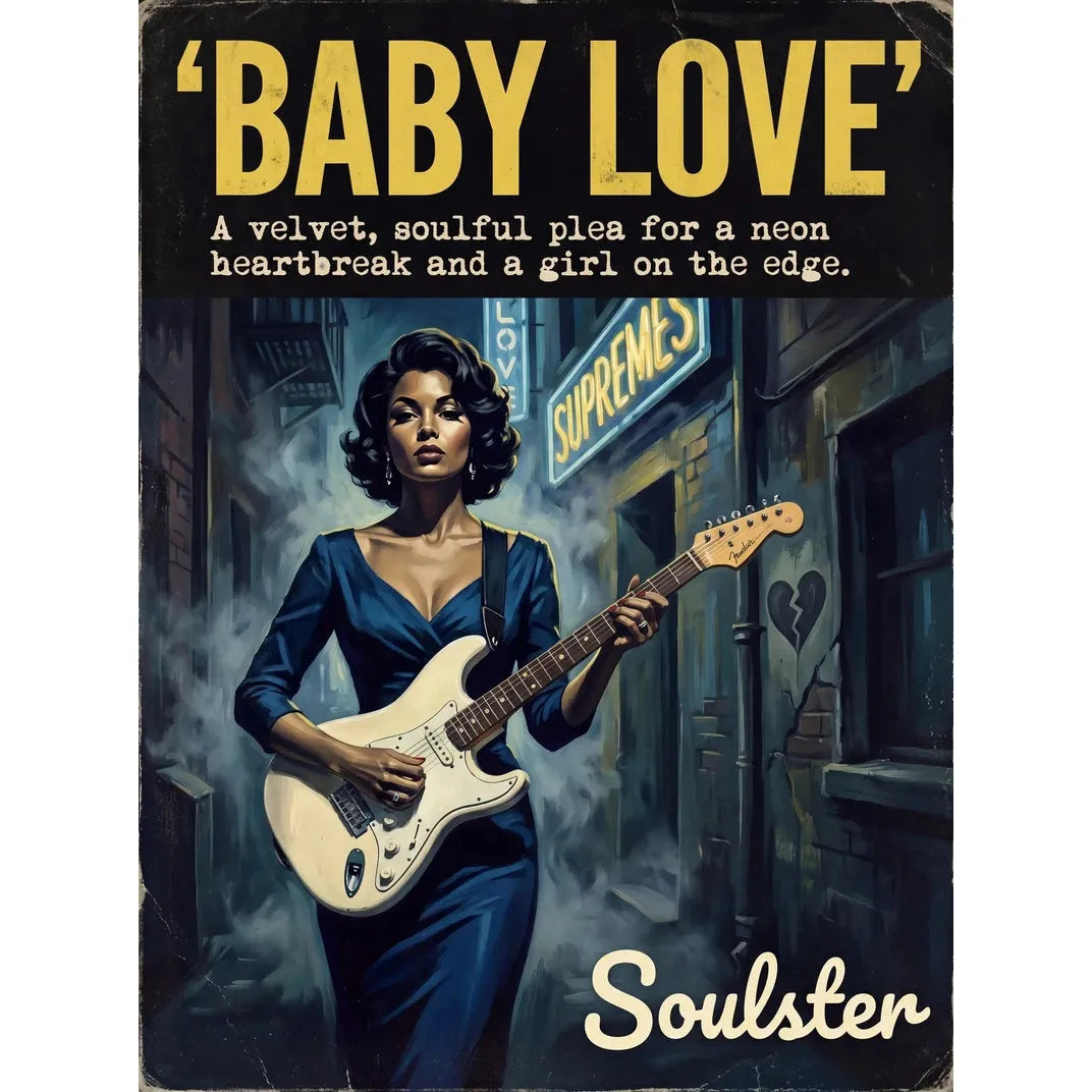 Soulster cinematic vintage pulp book cover art print illustration styled in a classic 1950s theme inspired by Baby Love.