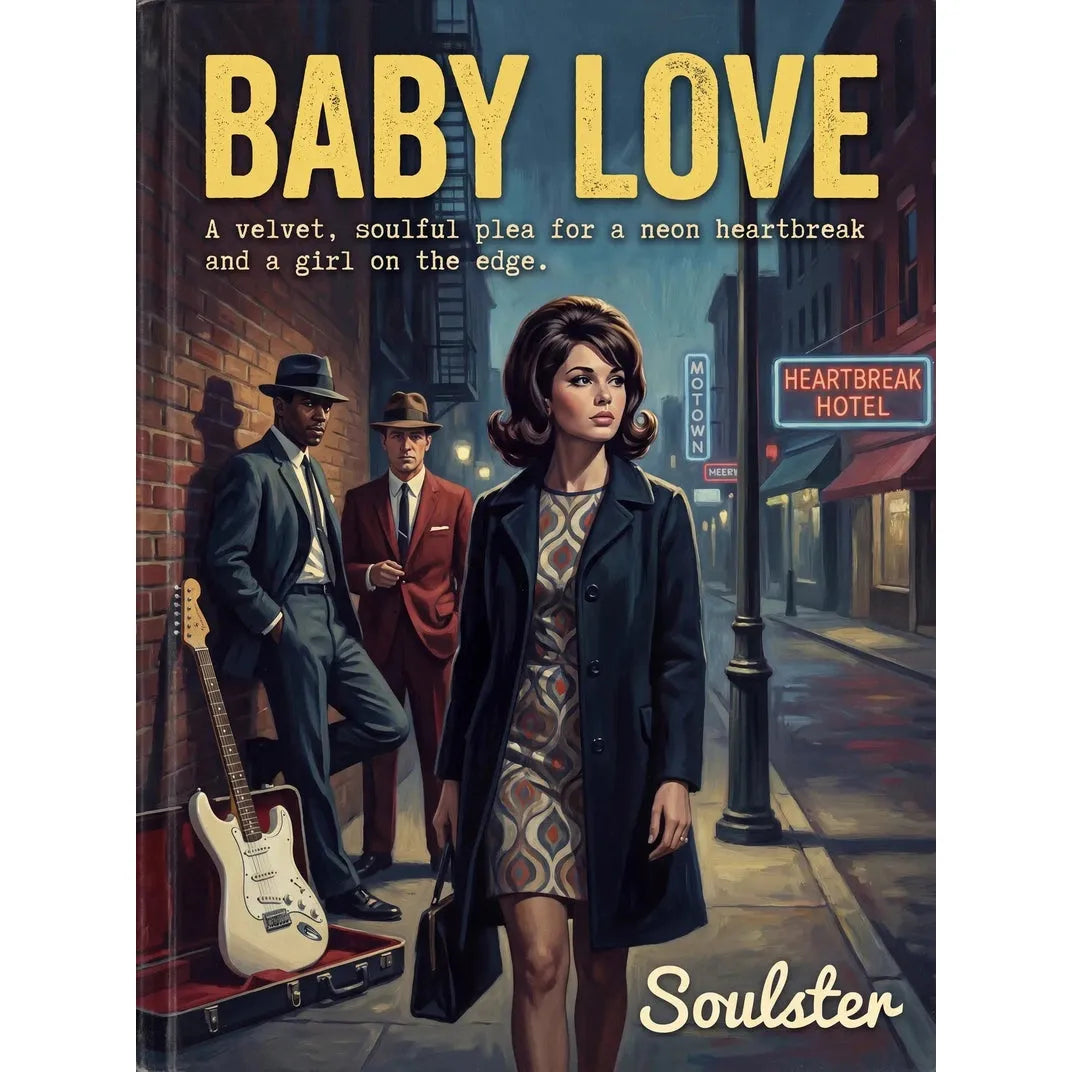 Soulster cinematic vintage pulp book cover art print illustration styled in a classic 1960s theme inspired by Baby Love.