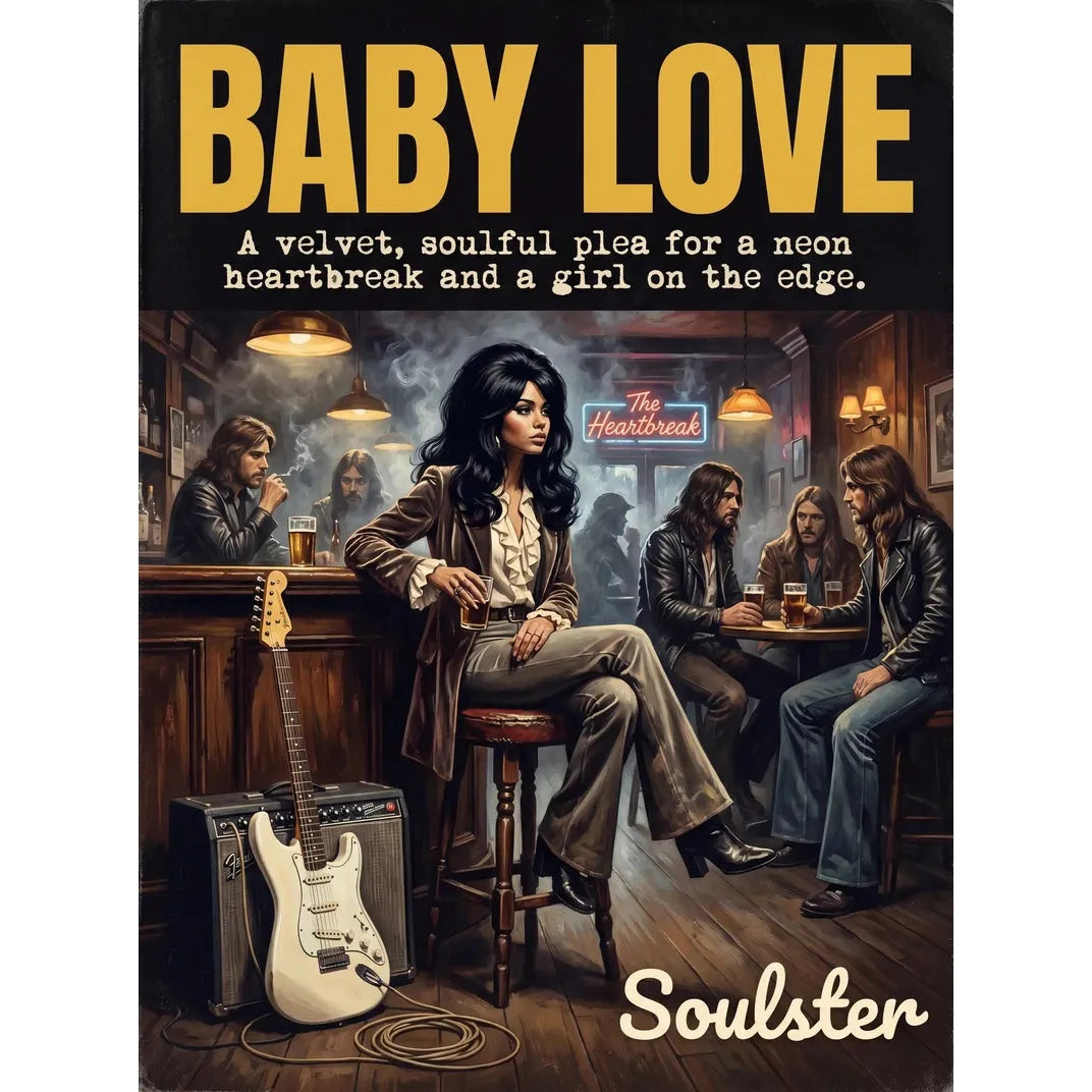 Soulster cinematic vintage pulp book cover art print illustration styled in a classic 1970s theme inspired by Baby Love.