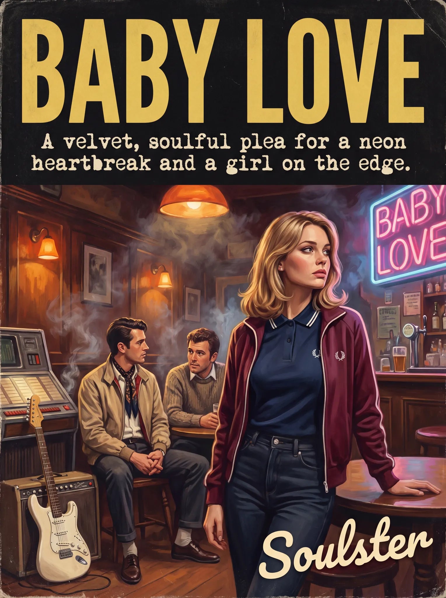 Soulster retro pulp thriller book cover style art print illustration inspired by Alternative Indie - Baby Love.