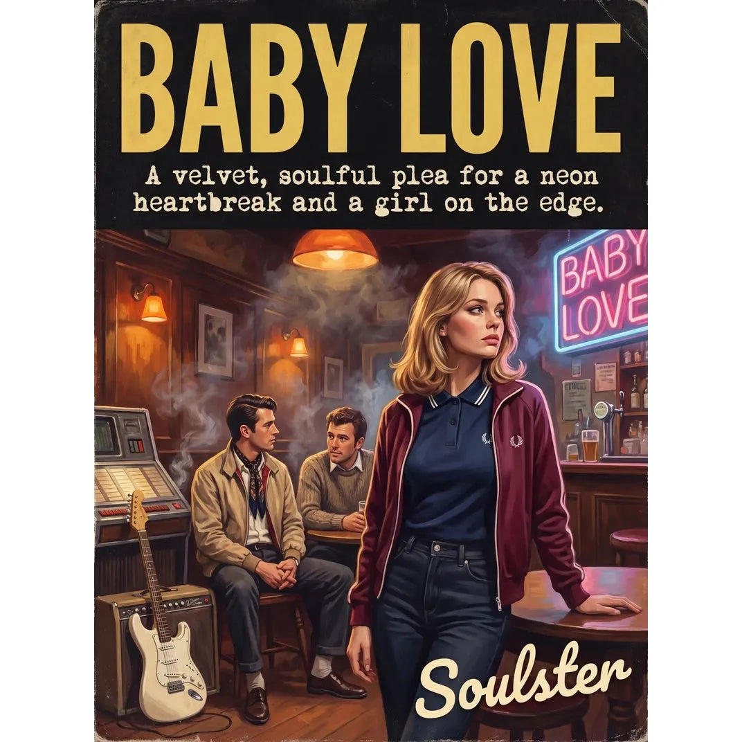 Soulster retro pulp thriller book cover style art print illustration inspired by Alternative Indie - Baby Love.
