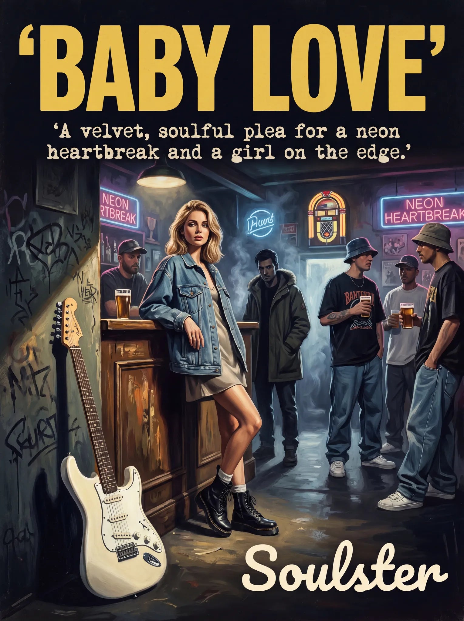 Soulster cinematic vintage pulp book cover art print illustration styled in a classic 1990s theme inspired by Baby Love.
