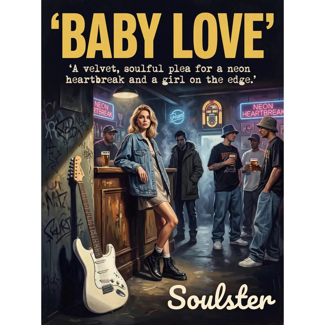 Soulster cinematic vintage pulp book cover art print illustration styled in a classic 1990s theme inspired by Baby Love.