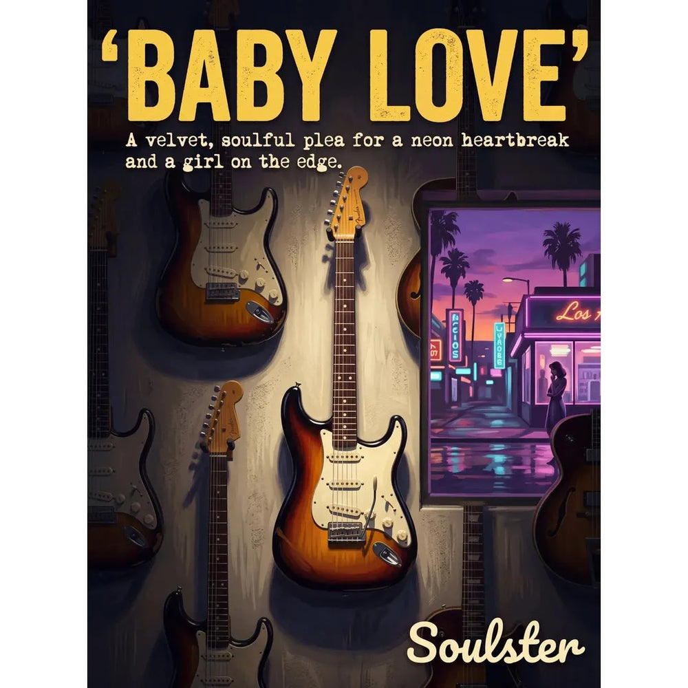 Soulster Manchester Edition wall art print showing a cinematic pulp style design of a Vintage Guitar inspired by Baby Love - Los Angeles.