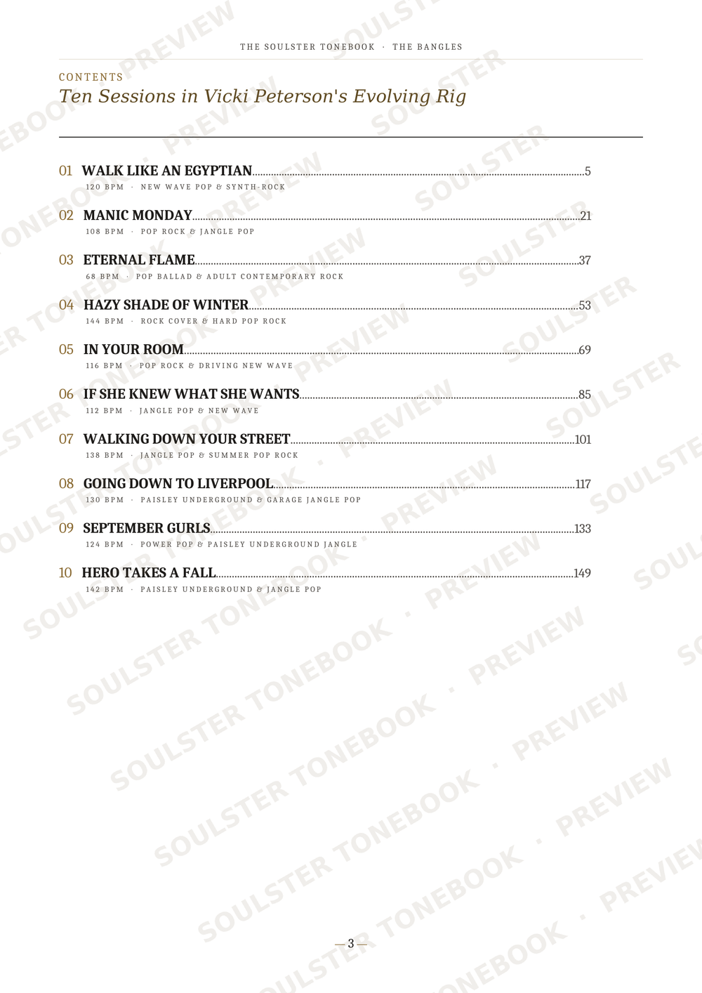 A printed table of contents page from a book, titled 'Ten Sessions in Vicki Peterson's Evolving Rig,' with numbered sections and page numbers. The page is light gray with black text and repeated diagonal 'SOULSTER PREVIEW' watermarks across it.