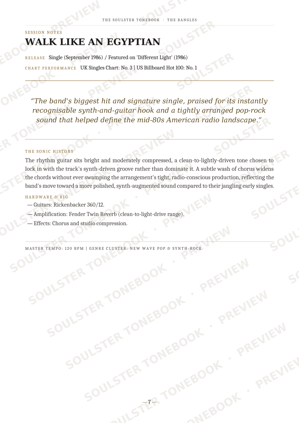 A printed page with the title 'WALK LIKE AN EGYPTIAN' and multiple paragraphs of text, including a quote and a 'MASTER TEMPO: 120 BPM' line, shown on a white page with diagonal 'SOUL TONE HOMER' watermarks.