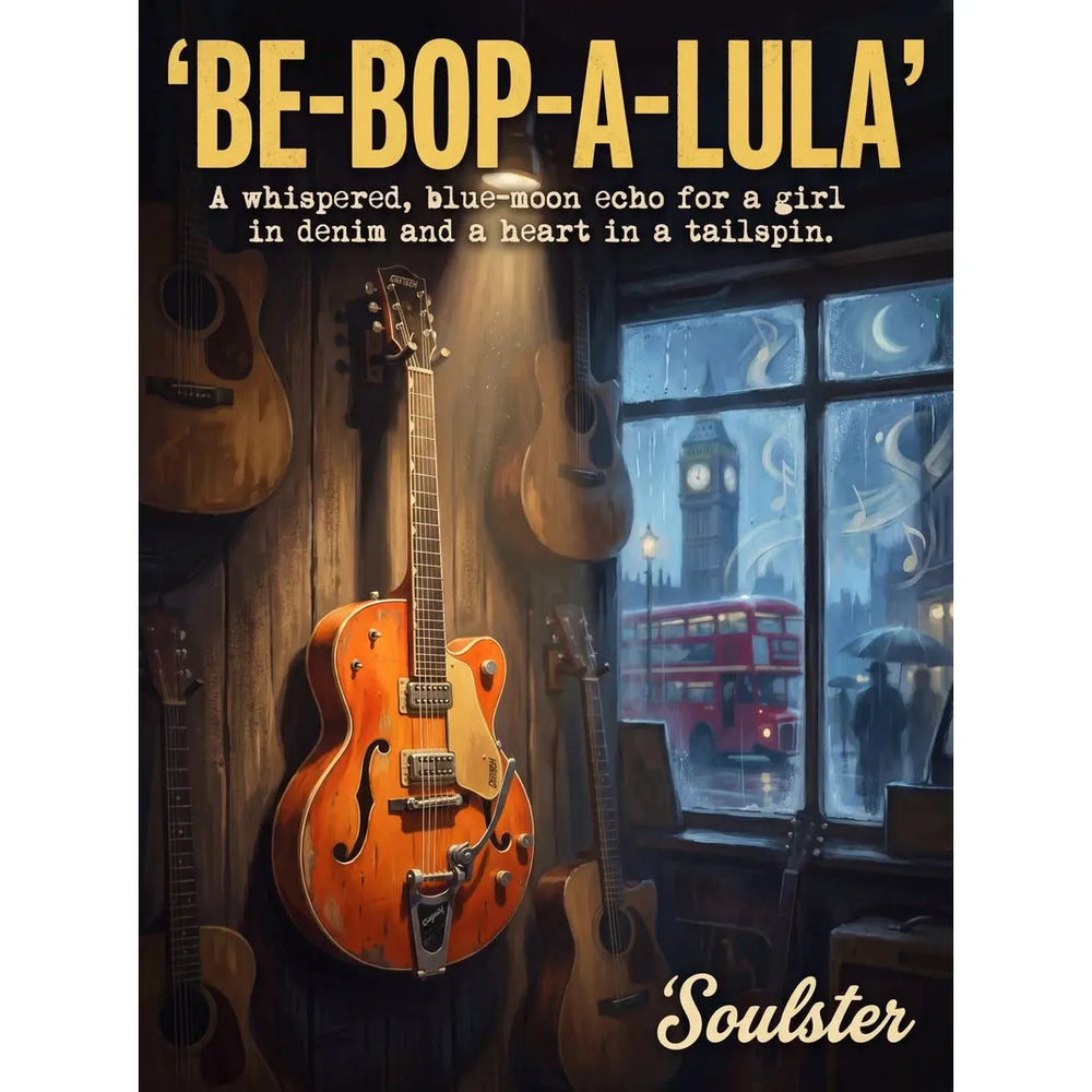 Soulster Manchester Edition wall art print showing a cinematic pulp style design of a Vintage Guitar inspired by Be-bop-a-lula - London.