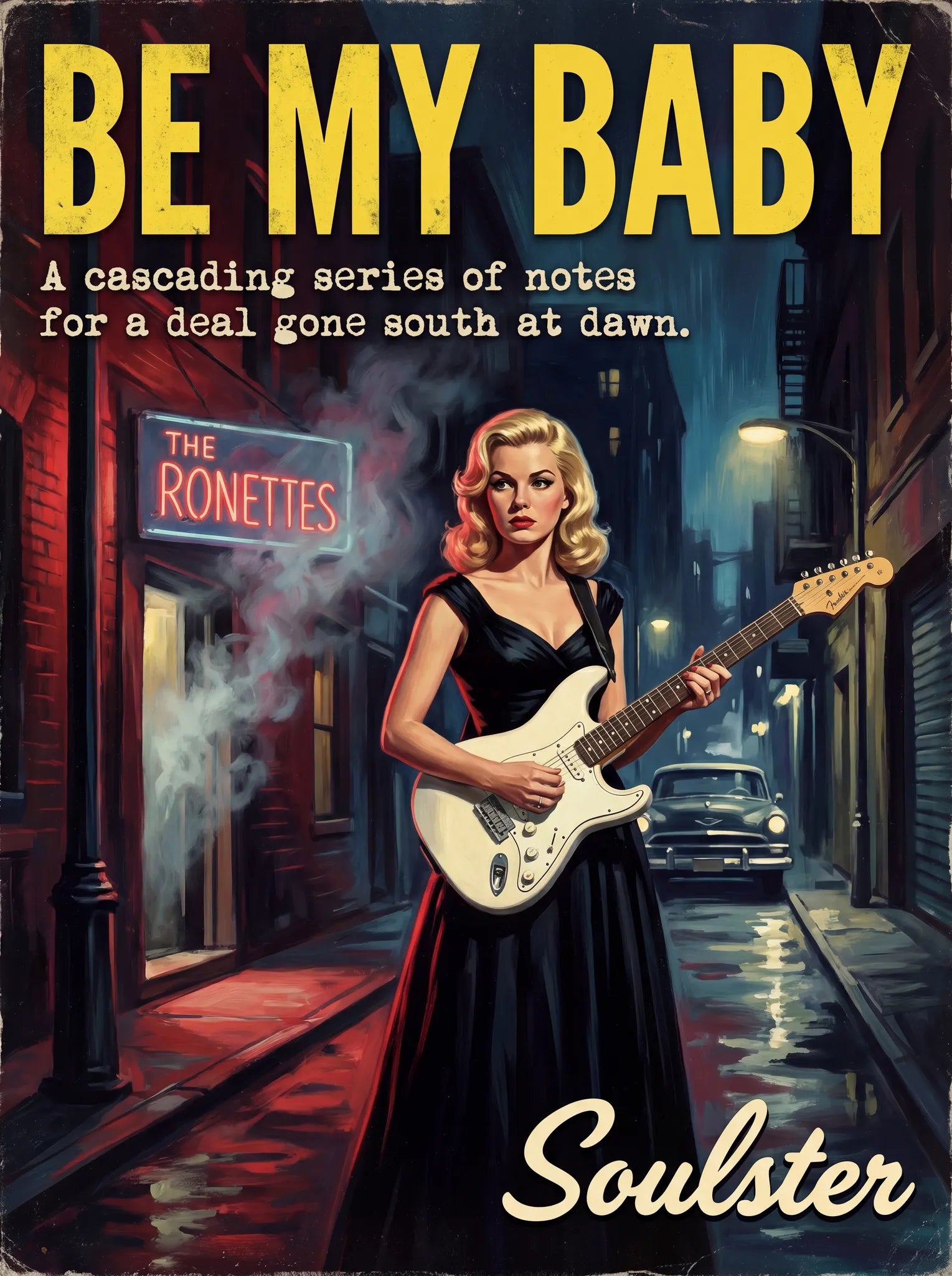 Soulster cinematic vintage pulp book cover art print illustration styled in a classic 1950s theme inspired by Be My Baby.
