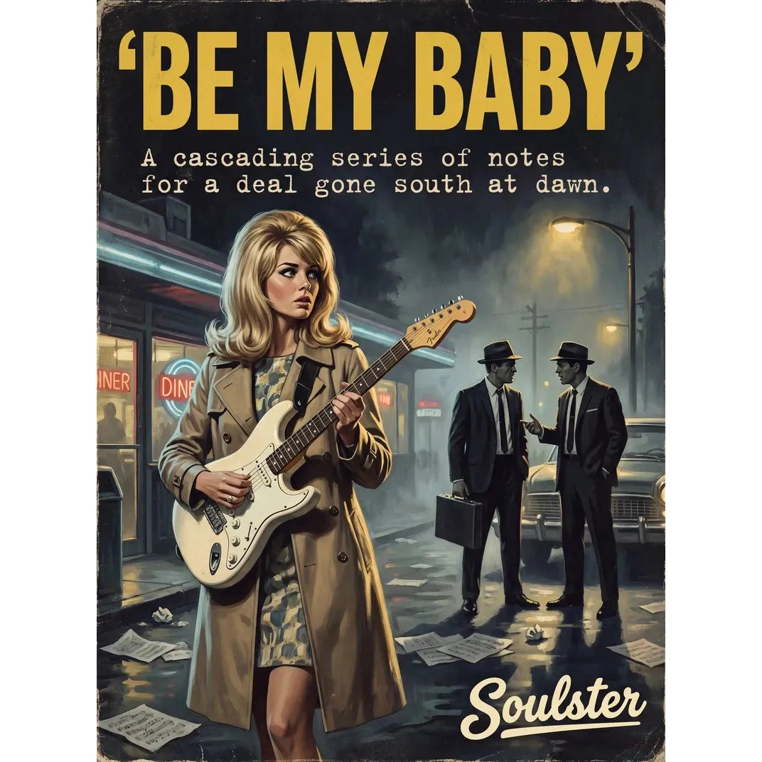 Soulster cinematic vintage pulp book cover art print illustration styled in a classic 1960s theme inspired by Be My Baby.
