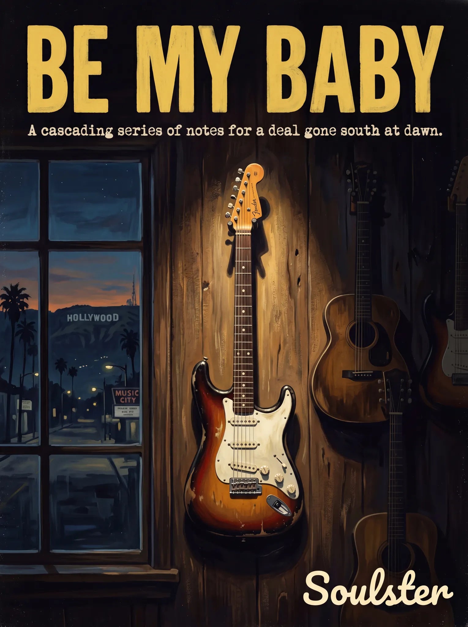 Soulster Manchester Edition wall art print showing a cinematic pulp style design of a Vintage Guitar inspired by Be My Baby - Los Angeles.