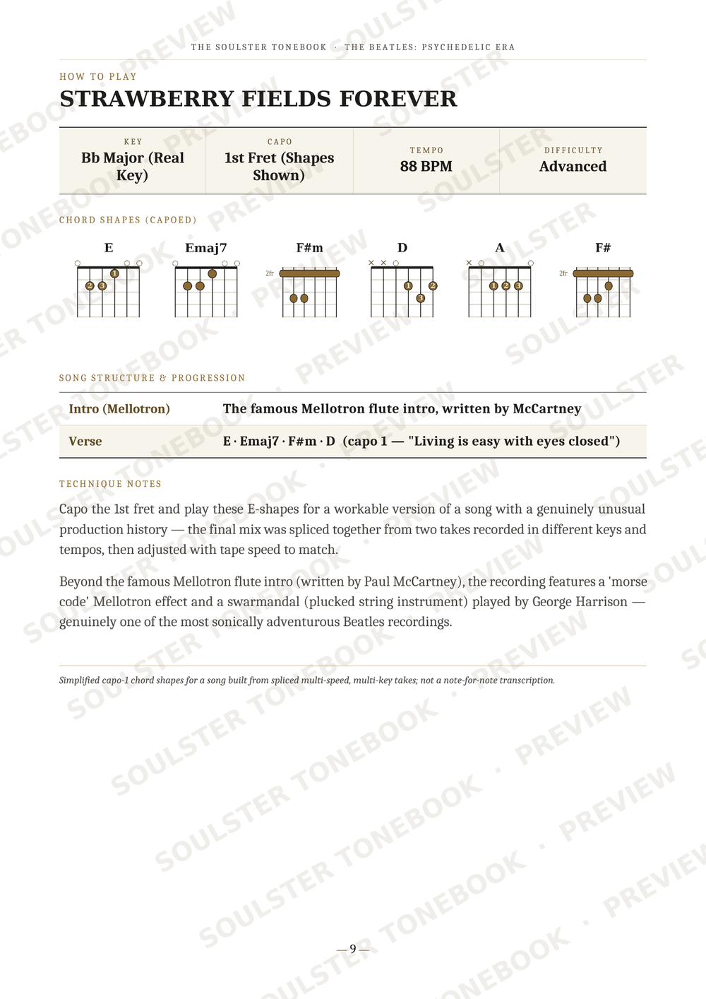 A printed or digital sheet music page titled "Strawberry Fields Forever" showing chord charts, tempo markings, and production notes for a flute arrangement.