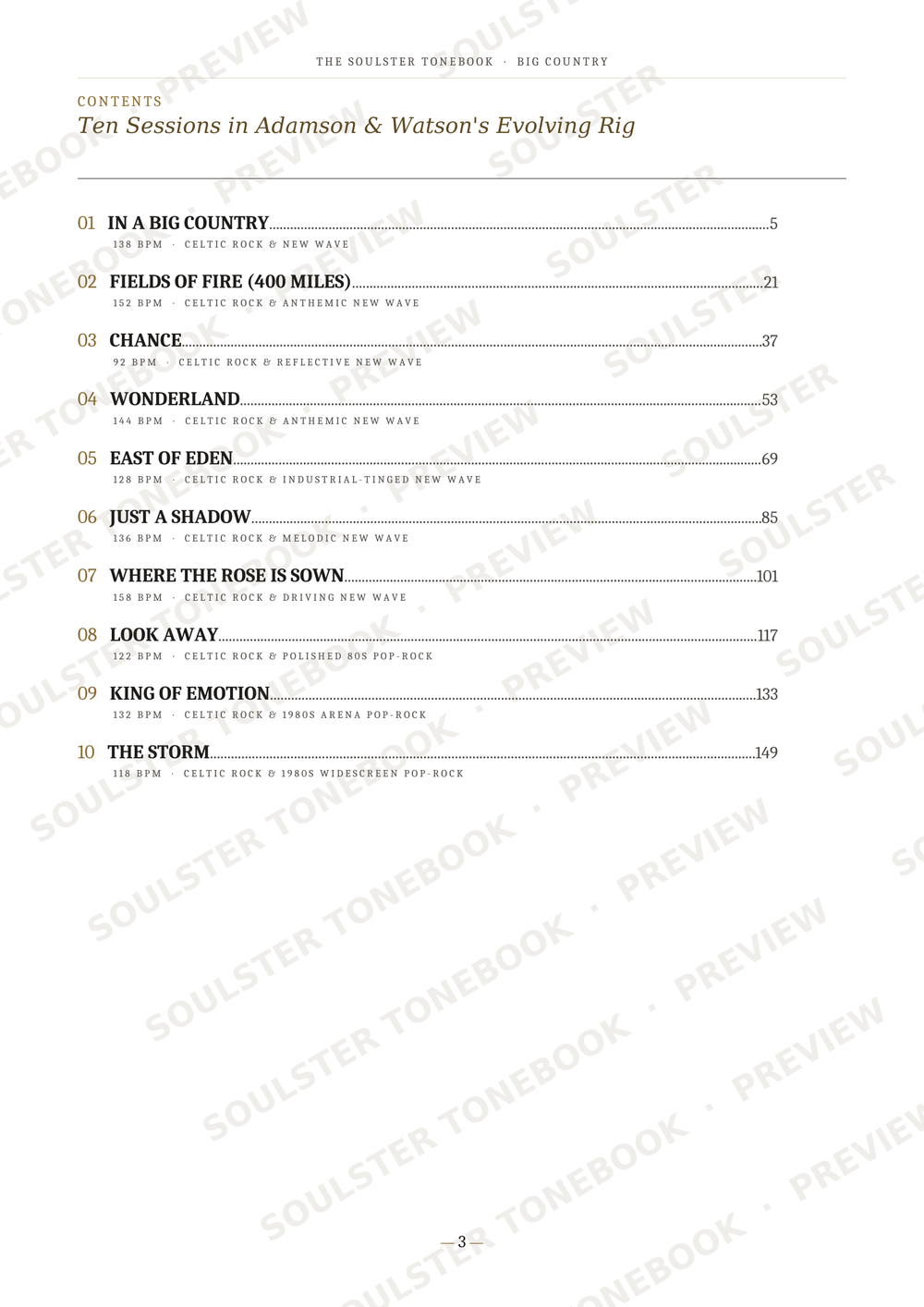 A printed table of contents page from a book, showing chapter titles and page numbers with repeated Soulfire Tonebook preview watermarks across the page.