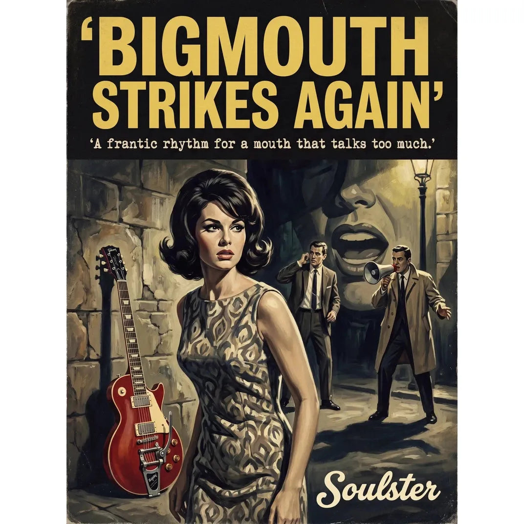 Soulster cinematic vintage pulp book cover art print illustration styled in a classic 1960s design layout inspired by Bigmouth Strikes Again.