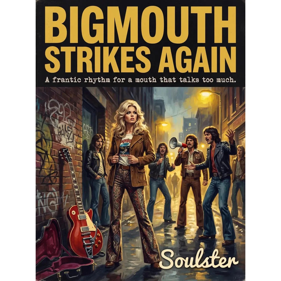 Soulster cinematic vintage pulp book cover art print illustration styled in a classic 1970s design layout inspired by Bigmouth Strikes Again.