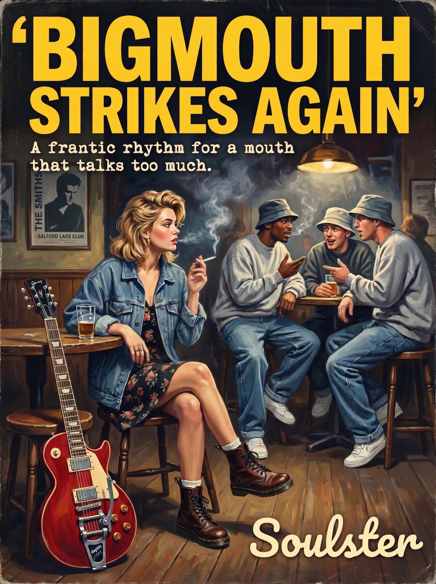 Soulster cinematic vintage pulp book cover art print illustration styled in a classic 1990s design layout inspired by Bigmouth Strikes Again.