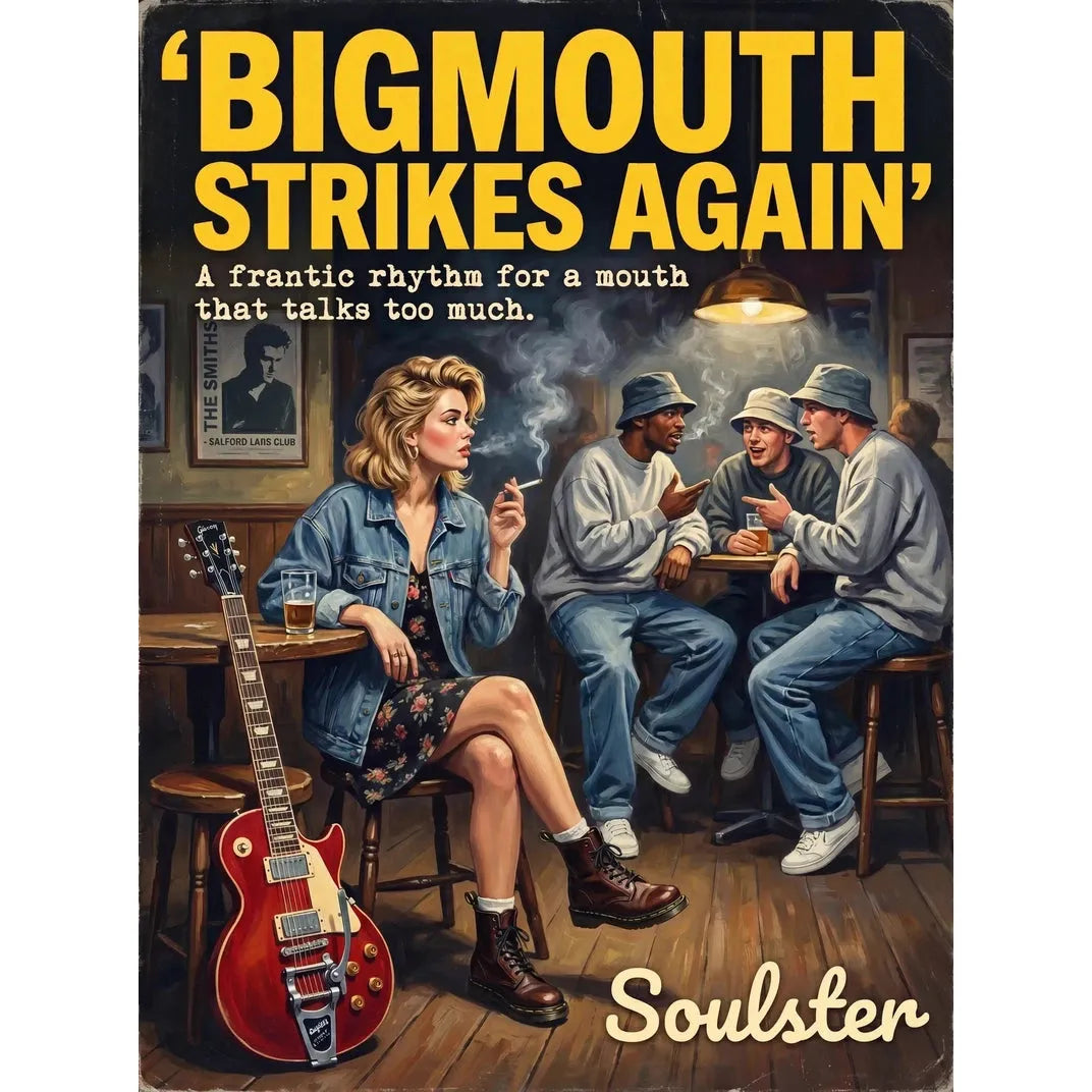 Soulster cinematic vintage pulp book cover art print illustration styled in a classic 1990s design layout inspired by Bigmouth Strikes Again.