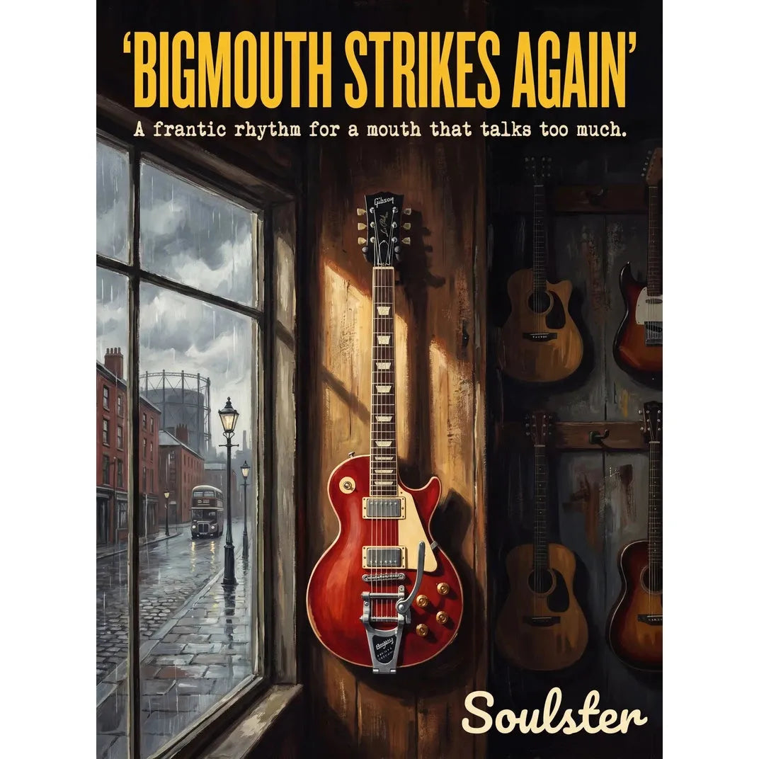 Soulster Manchester Edition wall art print showing a cinematic pulp style design of a Gibson Les Paul Standard inspired by Bigmouth Strikes Again.