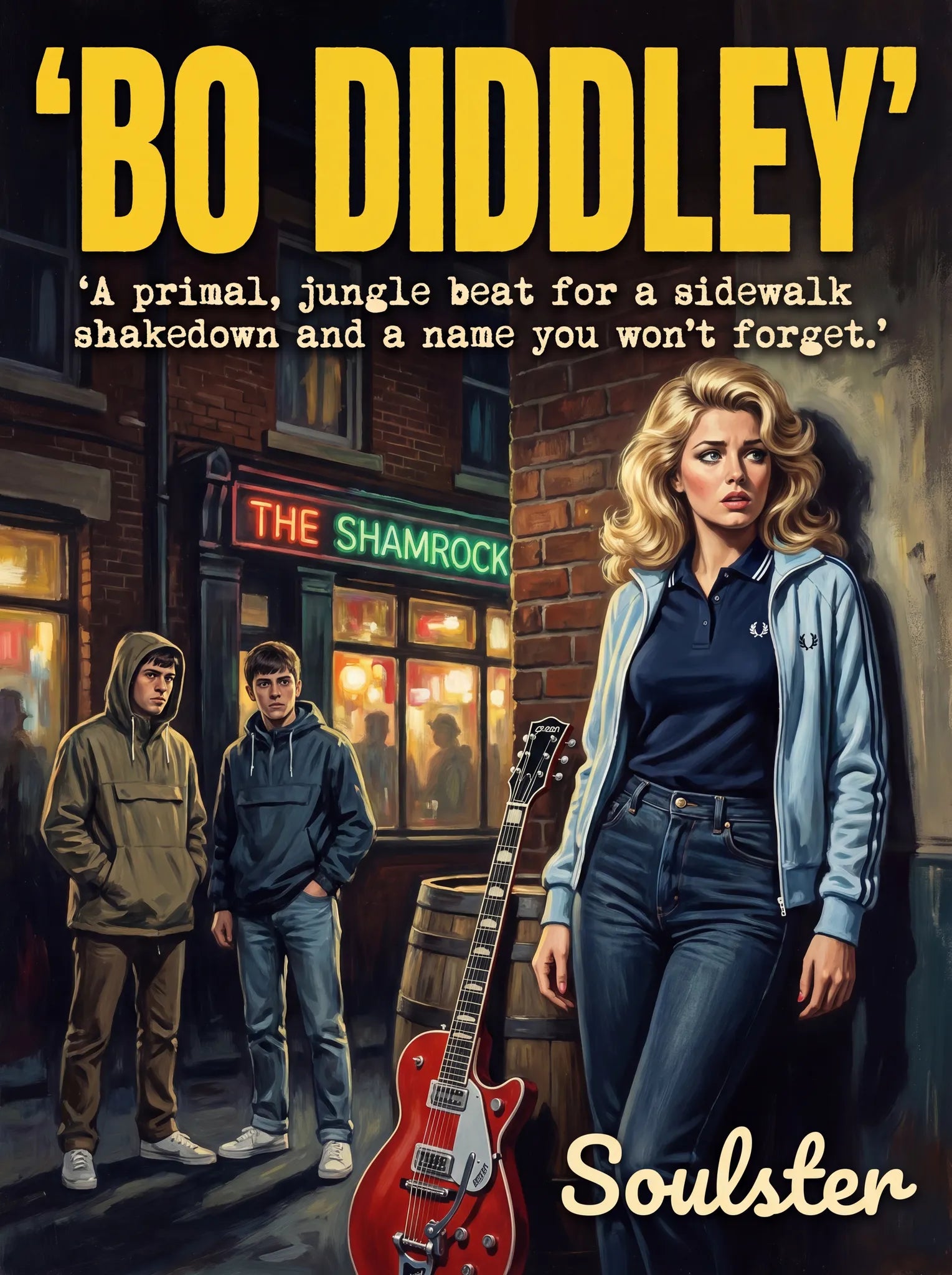 Soulster retro pulp thriller book cover style art print illustration inspired by Alternative Indie - Bo Diddley.
