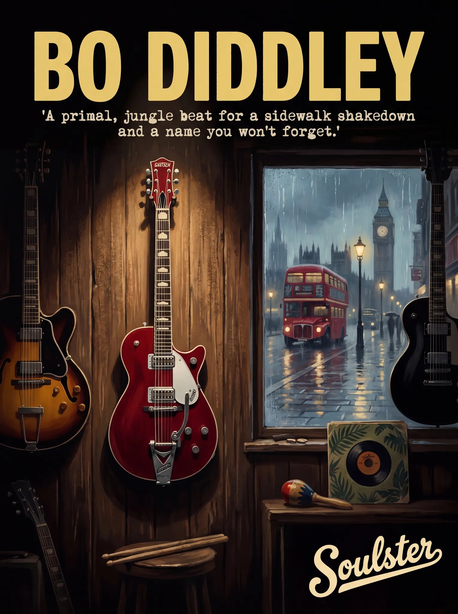 Soulster Manchester Edition wall art print showing a cinematic pulp style design of a Vintage Guitar inspired by Bo Diddley - London.