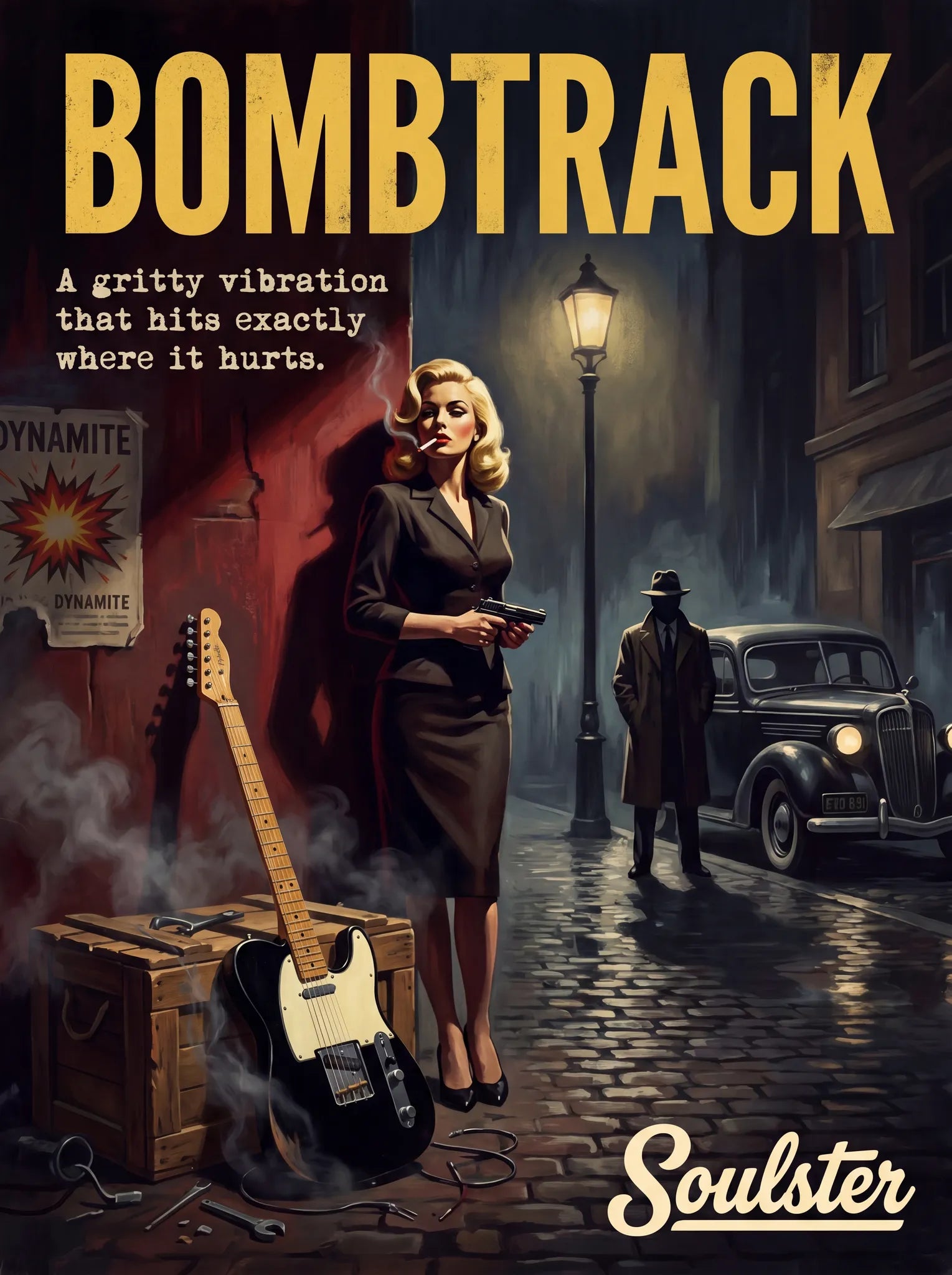 Soulster cinematic vintage pulp book cover art print illustration styled in a classic 1950s design layout inspired by Bombtrack.