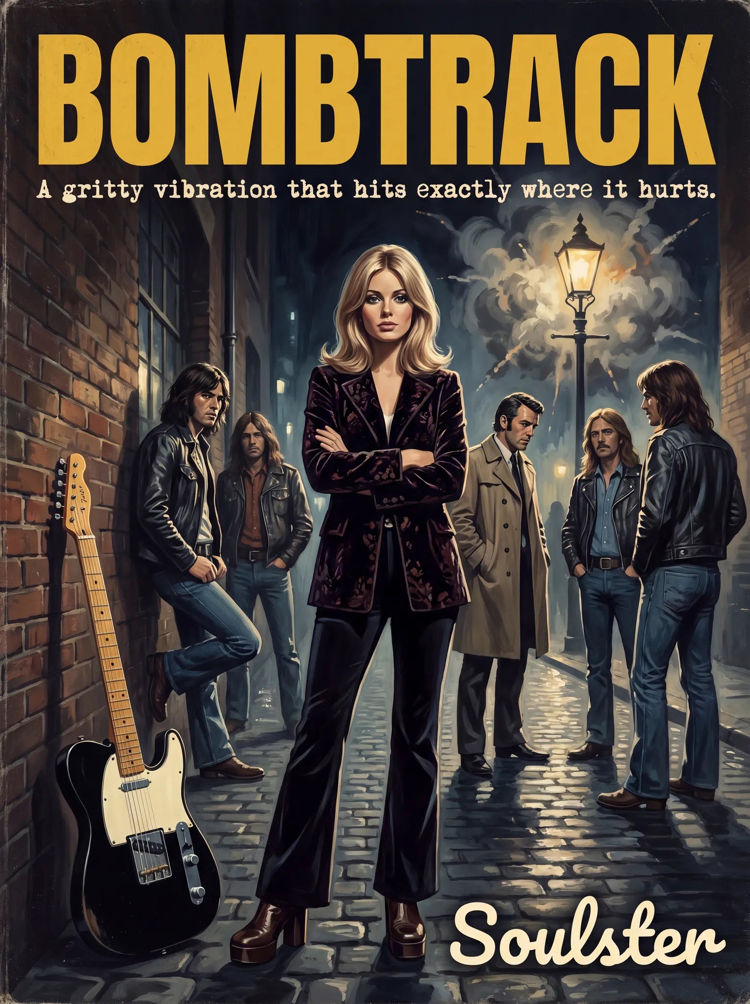 Soulster cinematic vintage pulp book cover art print illustration styled in a classic 1970s design layout inspired by Bombtrack.