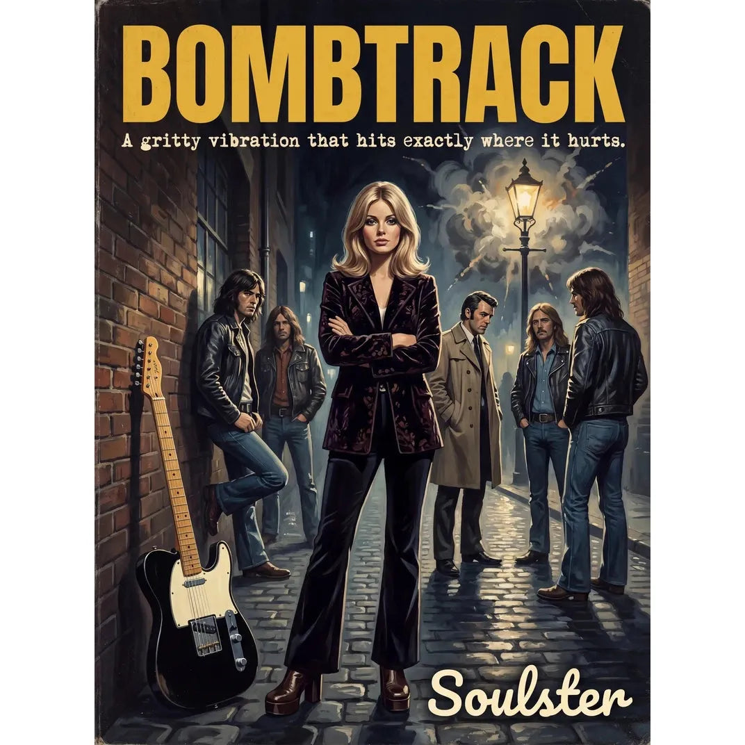 Soulster cinematic vintage pulp book cover art print illustration styled in a classic 1970s design layout inspired by Bombtrack.