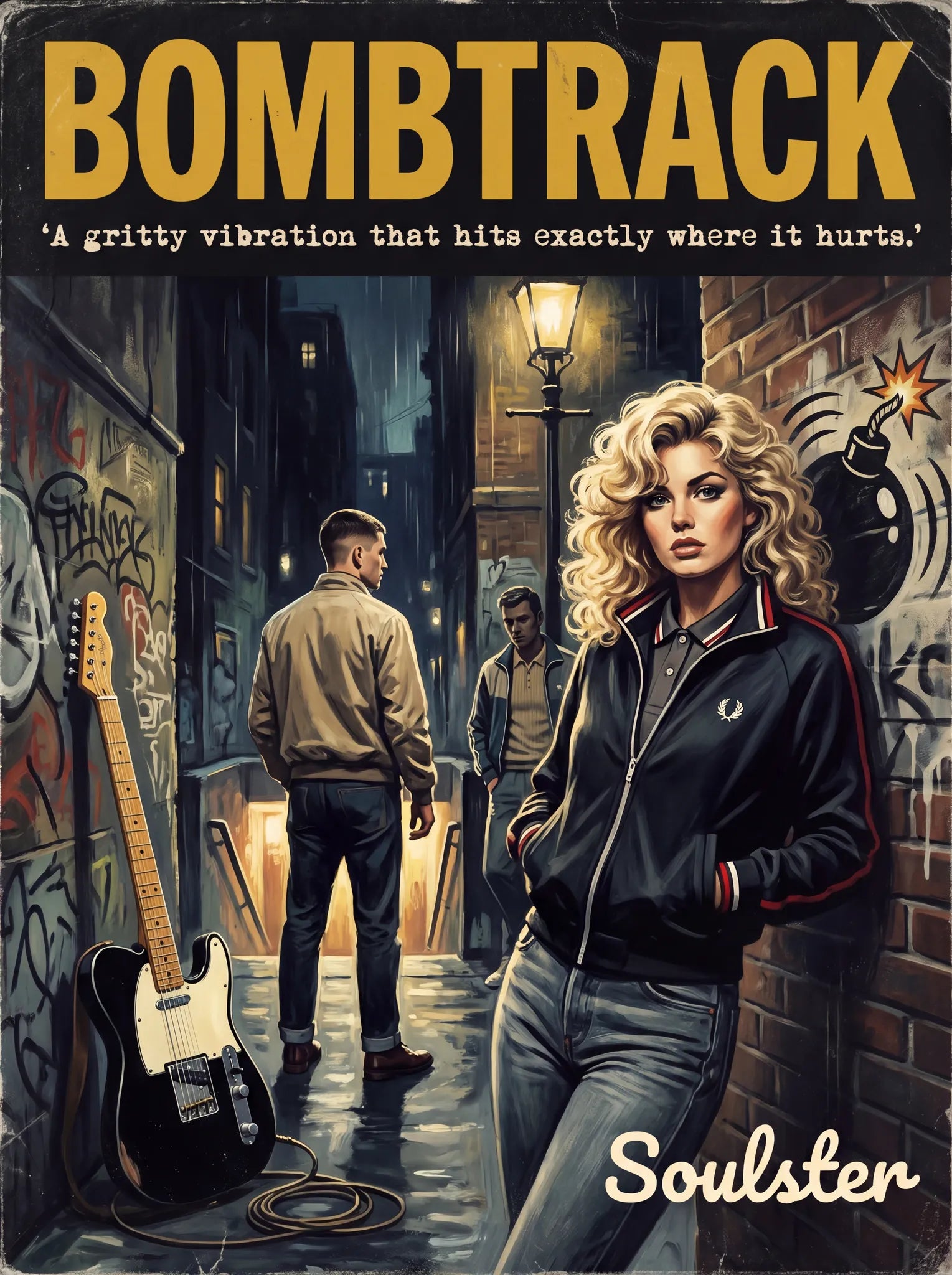 Soulster retro pulp thriller book cover style art print illustration inspired by Alternative Indie - Bombtrack.