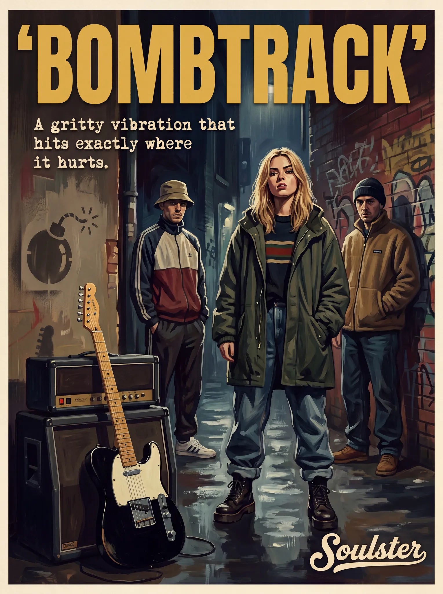 Soulster cinematic vintage pulp book cover art print illustration styled in a classic 1990s design layout inspired by Bombtrack.
