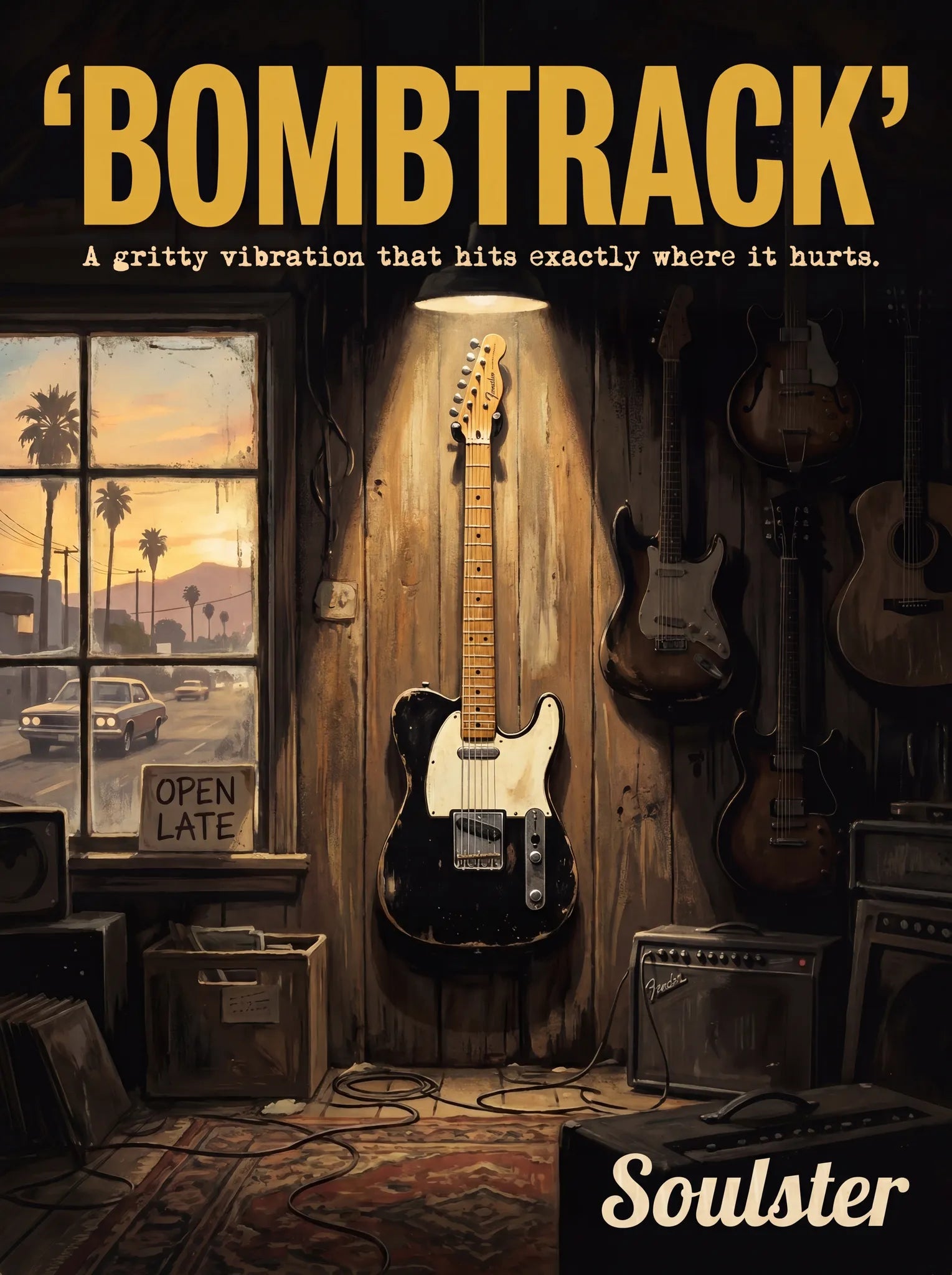 Soulster Manchester Edition wall art print showing a cinematic pulp style design of a Vintage Guitar inspired by Bombtrack - Los Angeles.